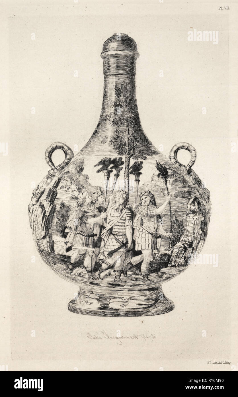 Book by Albert Jacquemart: History of the Ceramic Art: A Descriptive and Philosophical Study of the Pottery of All Ages and All Nations: Italy: Renaissance- Majolica of Urbino- Ewer (Plate VIII), 1877. Jules Jacquemart (French, 1837-1880). Etching; sheet: 25.5 x 18 cm (10 1/16 x 7 1/16 in.); platemark: 19.4 x 13.1 cm (7 5/8 x 5 3/16 in Stock Photo