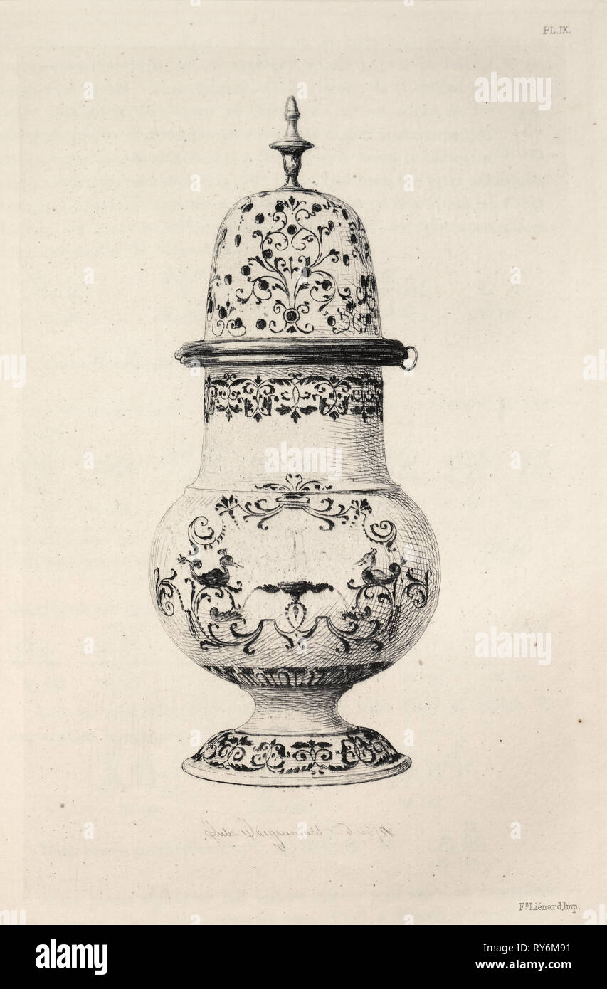 Book by Albert Jacquemart: History of the Ceramic Art: A Descriptive and Philosophical Study of the Pottery of All Ages and All Nations: France: Moustieres- Sugar Caster, Blue Decoration (Plate IX), 1877. Jules Jacquemart (French, 1837-1880). Etching; sheet: 25.5 x 18 cm (10 1/16 x 7 1/16 in.); platemark: 19.2 x 13 cm (7 9/16 x 5 1/8 in Stock Photo