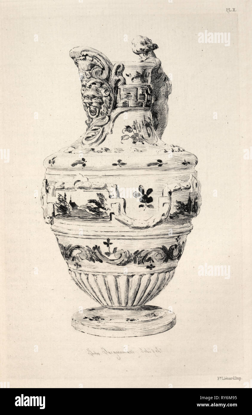 Book by Albert Jacquemart: History of the Ceramic Art: A Descriptive and Philosophical Study of the Pottery of All Ages and All Nations: Spain: Talavera de la Reyna- Faience- Ewer (Plate X), 1877. Jules Jacquemart (French, 1837-1880). Etching; sheet: 25.5 x 18 cm (10 1/16 x 7 1/16 in.); platemark: 19.1 x 13 cm (7 1/2 x 5 1/8 in Stock Photo