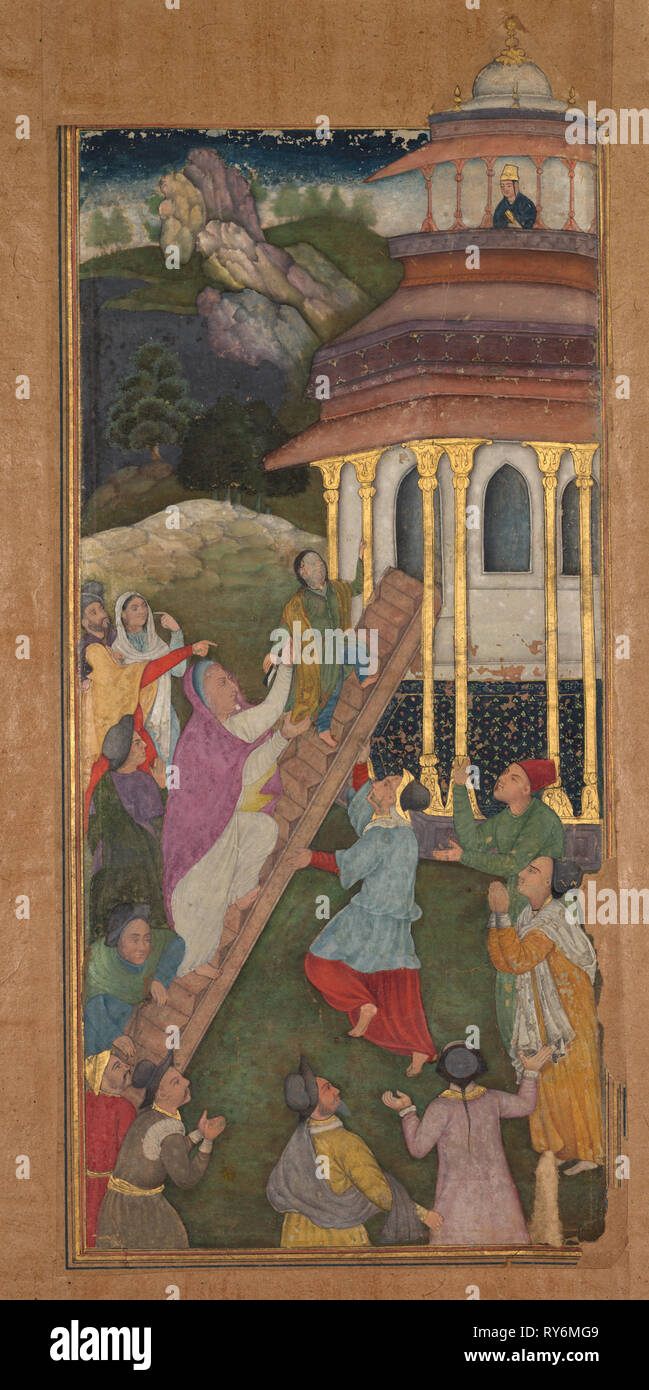 Mary ascends the stairs to the temple, from a Mir’at al-quds (Mirror of Holiness) of Father Jerome Xavier (Spanish, 1549–1617), 1602-1604. Northern India, Uttar Pradesh, Allahabad, Mughal period. Opaque watercolor, ink, color and gold on paper; page: 26.2 x 15.5 cm (10 5/16 x 6 1/8 in Stock Photo