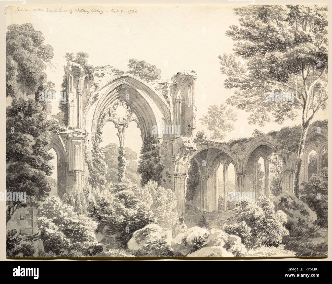 Inside the East End of Nettley Abbey, 1794. Michel Angelo Rooker (British, 1746-1801). Gray wash with extensive point of brush with traces of graphite; squared with graphite; overall: 23.5 x 30.2 cm (9 1/4 x 11 7/8 in Stock Photo