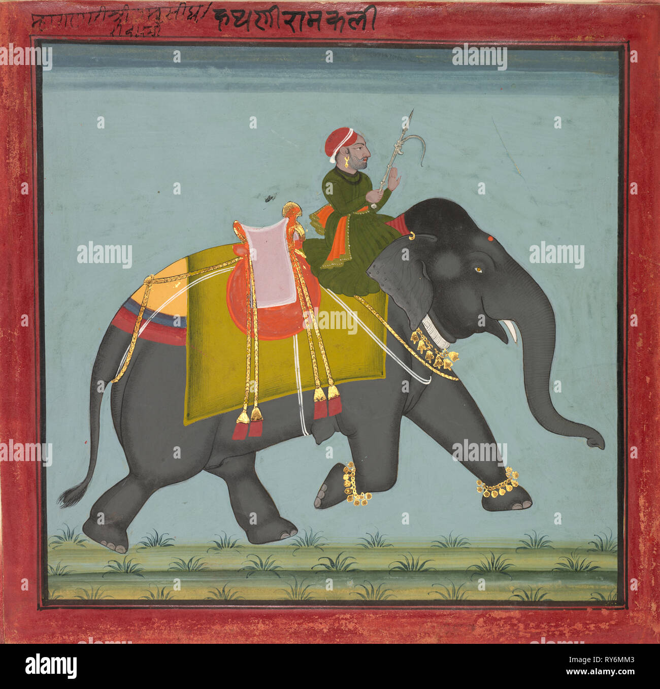 Caparisoned Elephant with a Mahout, dated 1761. India, Rajasthan, Mewar school. Ink and color on paper; image: 20.6 x 21.4 cm (8 1/8 x 8 7/16 in.); sheet with border: 24.1 x 25 cm (9 1/2 x 9 13/16 in Stock Photo