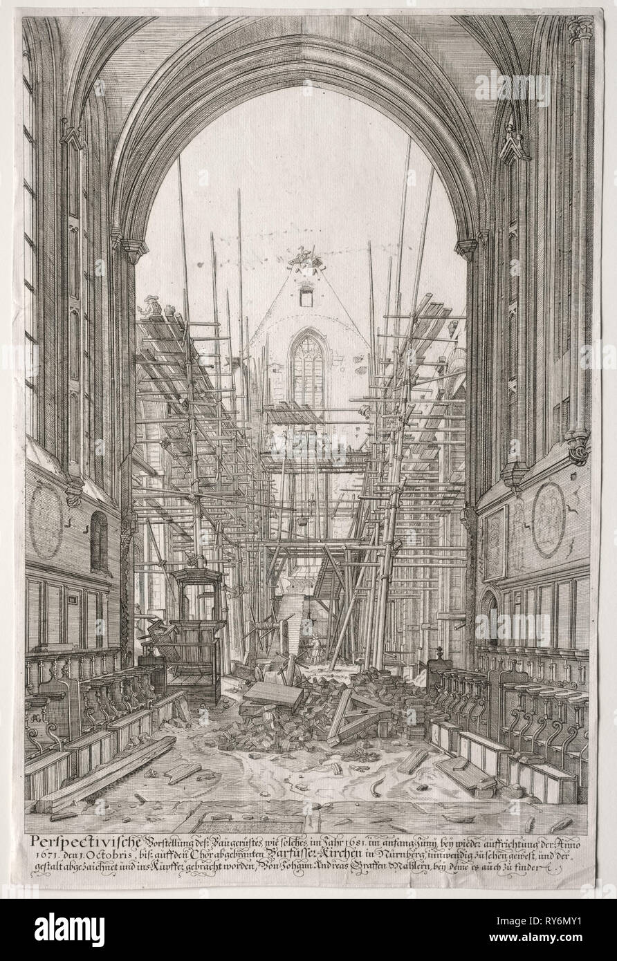 L'Art Ancien Zurich: View in the Church of the Franciscans, Barfüsser-Kirke, 1681. Johan Ulrich Krauss (German, 1655-1719), after Johann Andreas Graf (German, 1637-1701). Etching; sheet: 48.5 x 32.3 cm (19 1/8 x 12 11/16 in Stock Photo