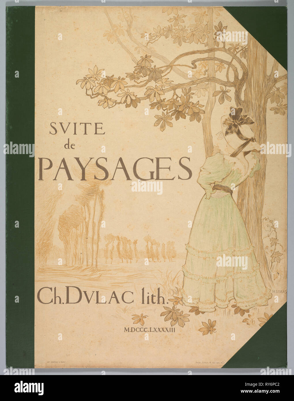 Suite de Paysages: Cover, 1892-1893. Charles Marie Dulac (French, 1865-1898), Eugène Martial Simas (French, 1862-1926), Printer: Monrocq. Color lithograph - Half-bound with green cloth and illustrated with a lithograph by Eugène Martial Simas (French, 1862-1926), printed in three colors; and interior with marbled endpapers Stock Photo