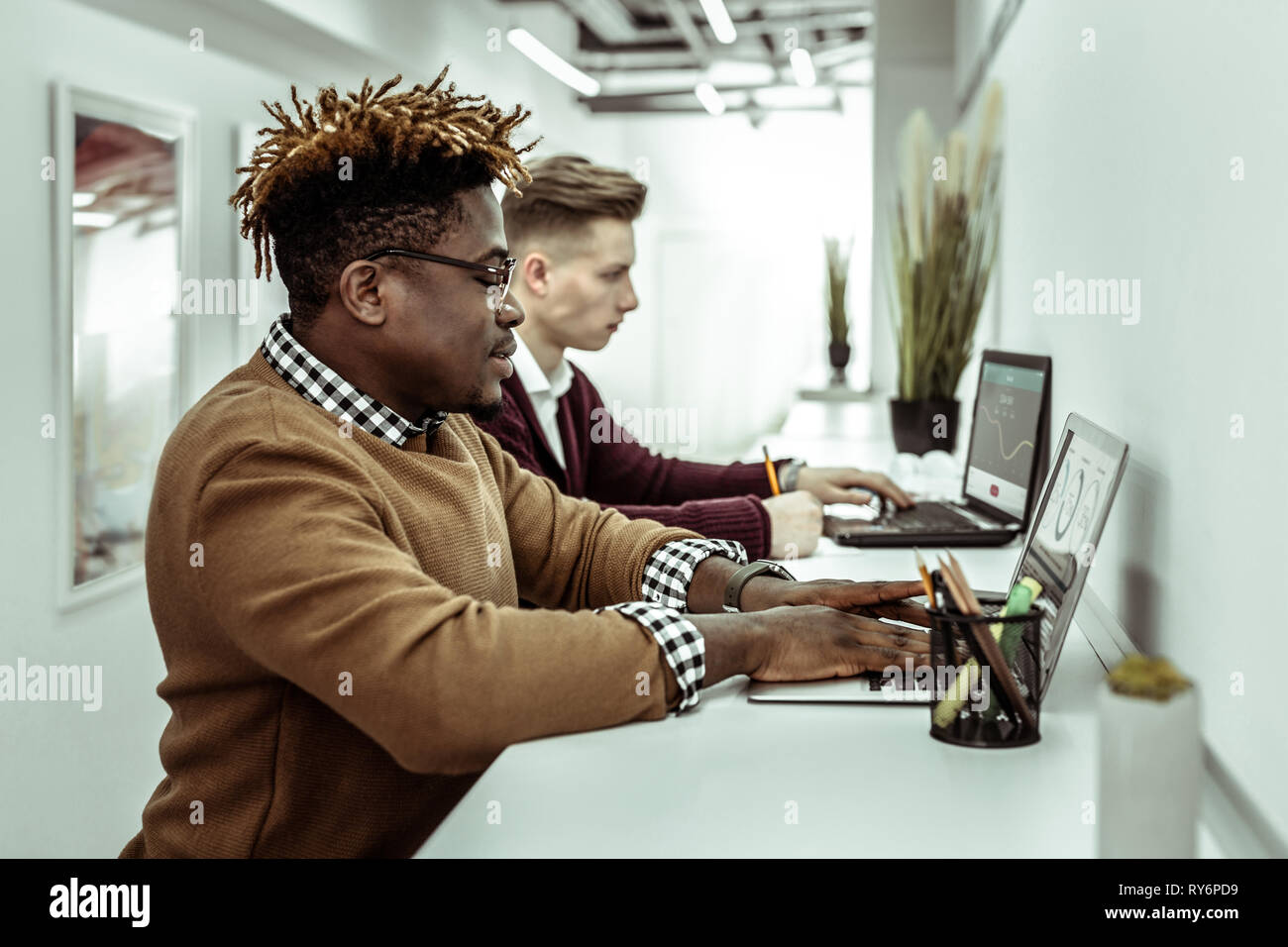 Concentrated busy guys working with their laptops while sitting together Stock Photo