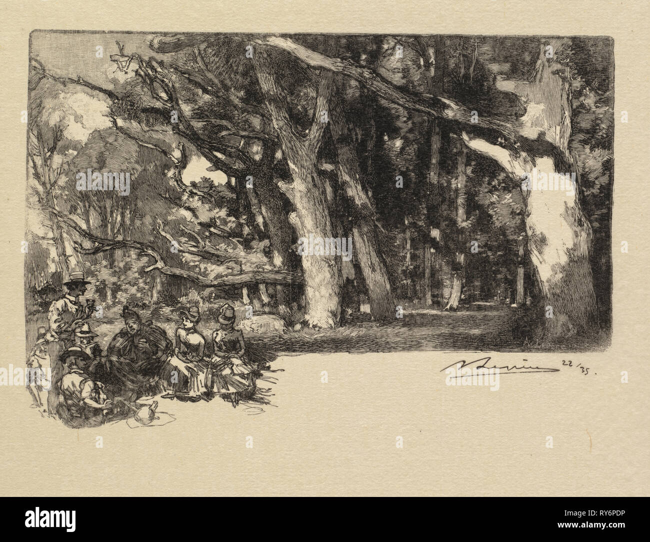 Fontainebleau Forest: Noon under the Trees (La Forêt de Fontainebleau: Midi sous bois), 1890. Auguste Louis Lepère (French, 1849-1918), A. Desmoulins, Published in Revue Illustrée, 1887-90. Wood engraving from bound volume of 34 ; image: 11.1 x 16.4 cm (4 3/8 x 6 7/16 in Stock Photo