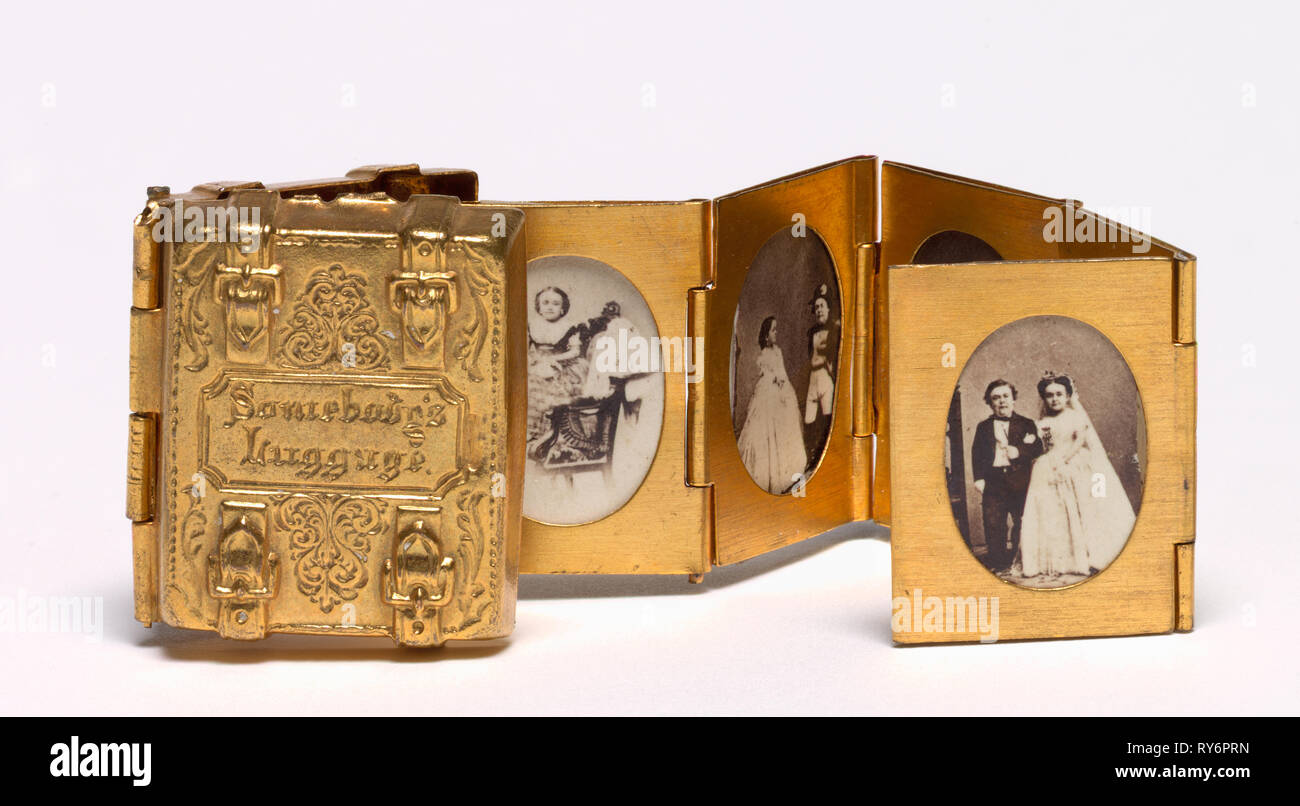Somebody's Luggage (Miniature Wedding Album of Tom Thumb and Lavinia Warren), c. 1863. Mathew Brady (American, 1823-1896). Brass photographic locket with 12 miniature albumen prints; overall: 2.7 x 2 x 1 cm (1 1/16 x 13/16 x 3/8 in.); each: 2.3 x 2 cm (7/8 x 13/16 in Stock Photo