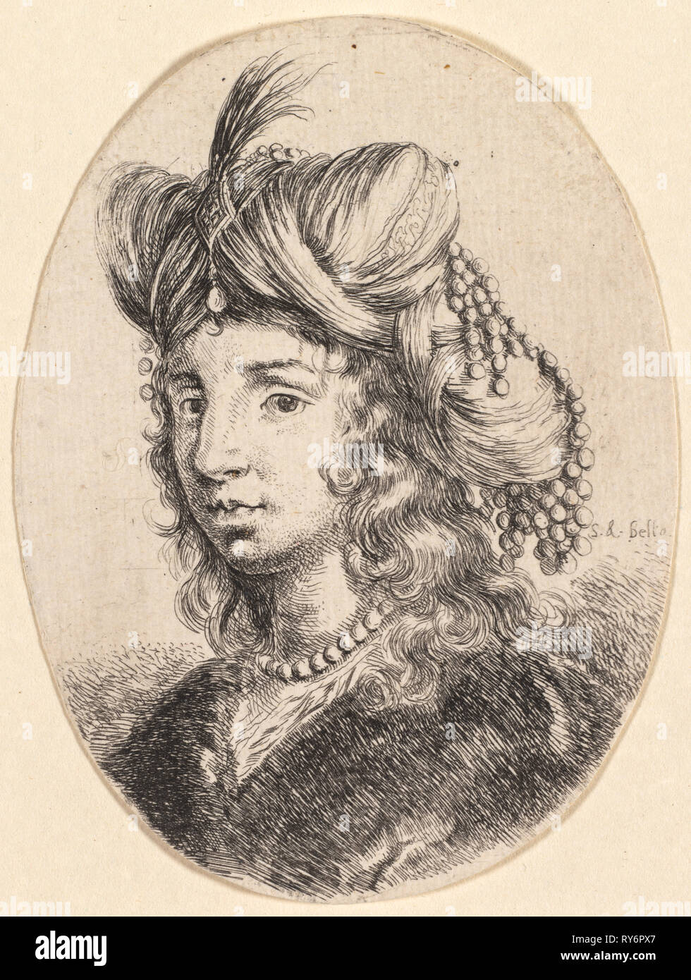 Several heads in the Persian style: Portrait, Sultana Wearing a Pearl Necklace and a Turban (Plusieurs têtes coiffées à la persienne), 1649-50. Stefano Della Bella (Italian, 1610-1664). Etching Stock Photo
