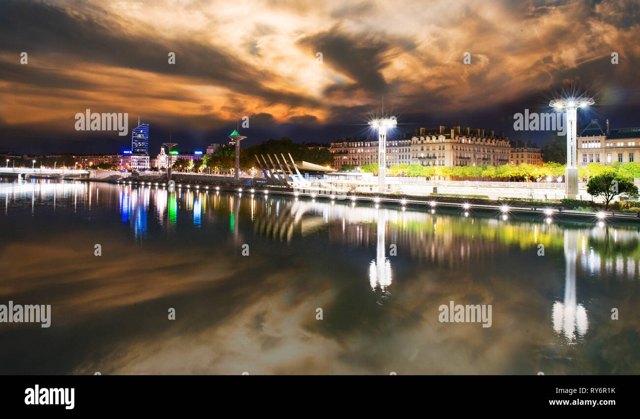View of Rhone river in Lyon at night, France Stock Photo