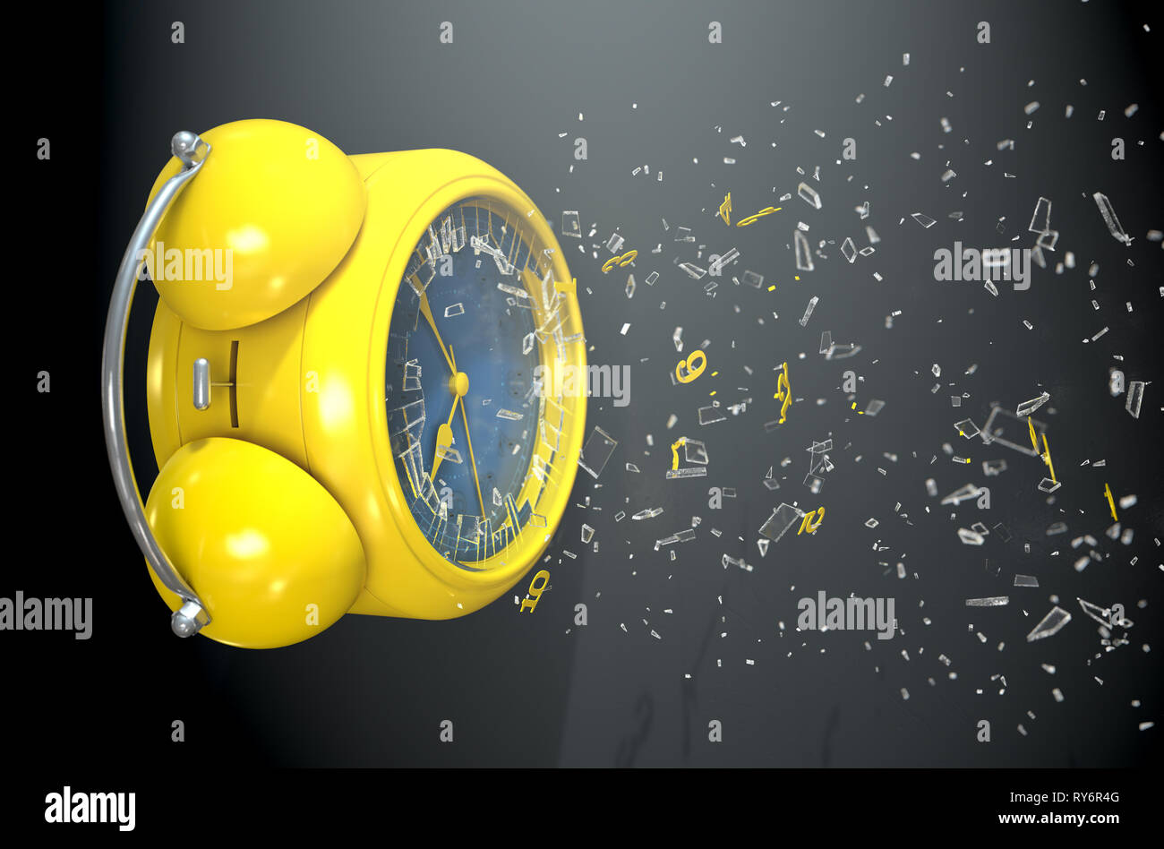 A yellow vintage desk clock with its numbers smashing through the glass