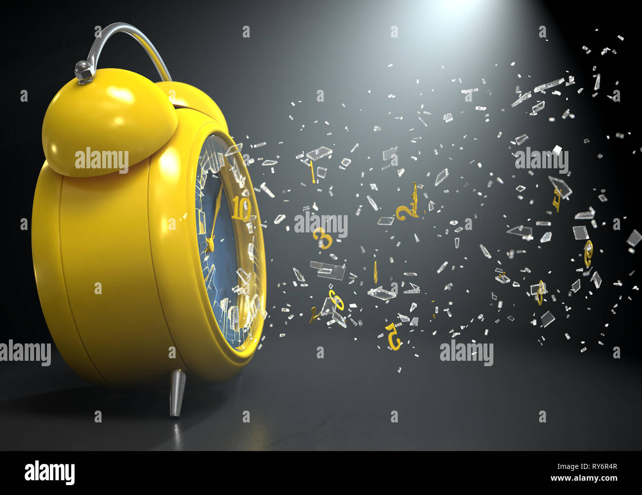 A yellow vintage desk clock with its numbers smashing through the glass