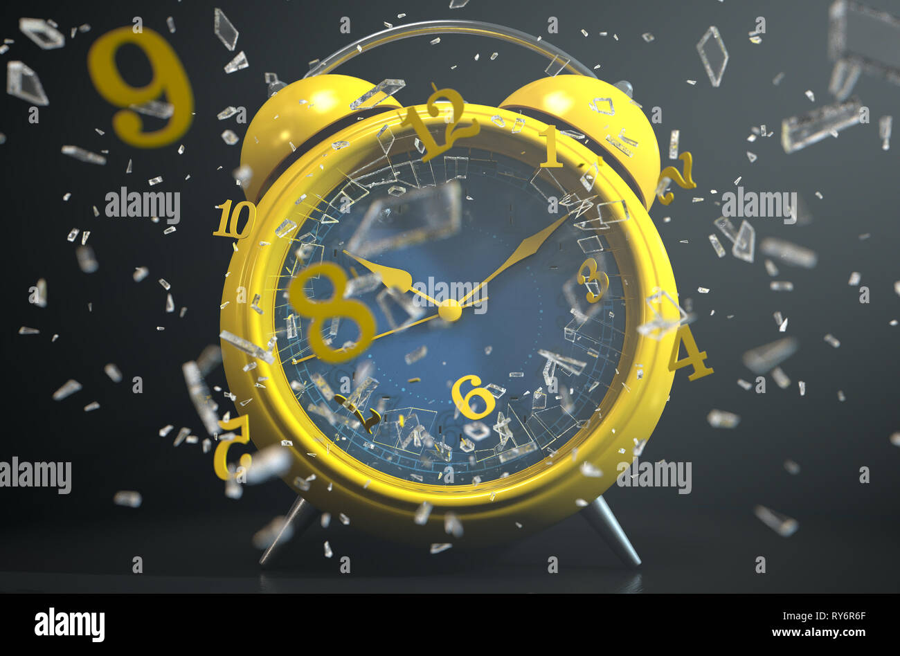 A yellow vintage desk clock with its numbers smashing through the glass