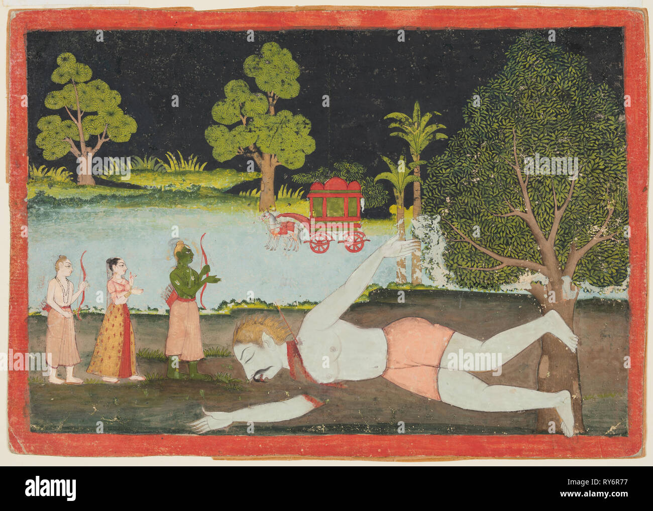 A page from a Ramayana: Rama, Lakshman and Sita before a slain giant, c. 1770. India, Datia. Color on paper; page: 21 x 29.8 cm (8 1/4 x 11 3/4 in.); miniature: 19 x 28 cm (7 1/2 x 11 in Stock Photo