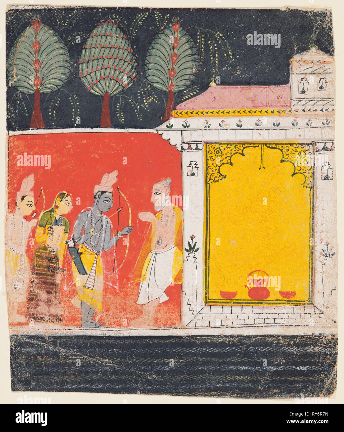 A page from a Ramayana: A night scene of Rama, Lakshman and Sita before the rishi Bharadwaja at Prayaga, c. 1650. Central India, Malwa. Color on paper; page: 18.1 x 15.6 cm (7 1/8 x 6 1/8 in Stock Photo