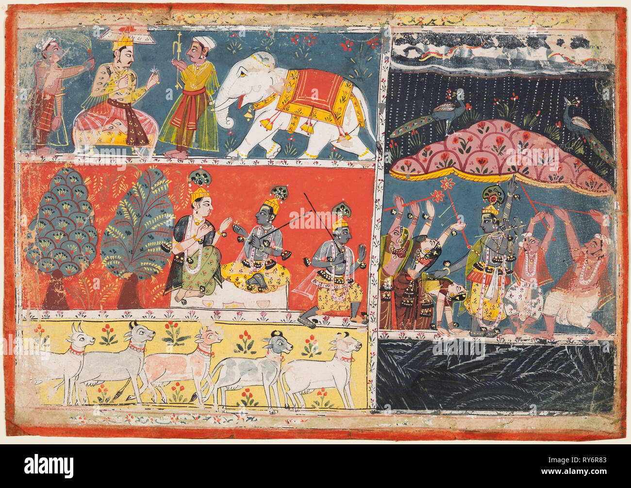 A page from the Bhagavata Purana: Indra sends a torrent of rain; Krishna lifts Mt. Govardhana, 1686. Central India, Malwa. Color on paper; page: 19.4 x 27.6 cm (7 5/8 x 10 7/8 in Stock Photo