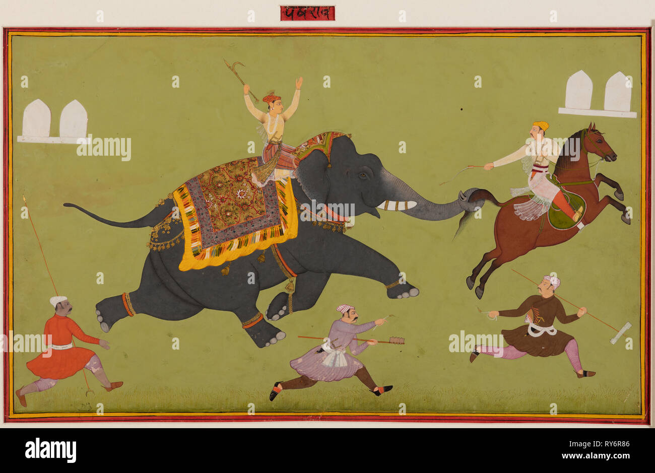 Jai Singh’s elephant Pakhrao, gone amuck and catches a horse by the tail, c. 1680. India, Rajasthan, Mewar school. Color on paper; page: 31.1 x 49.2 cm (12 1/4 x 19 3/8 in.); miniature: 27 x 45.4 cm (10 5/8 x 17 7/8 in Stock Photo