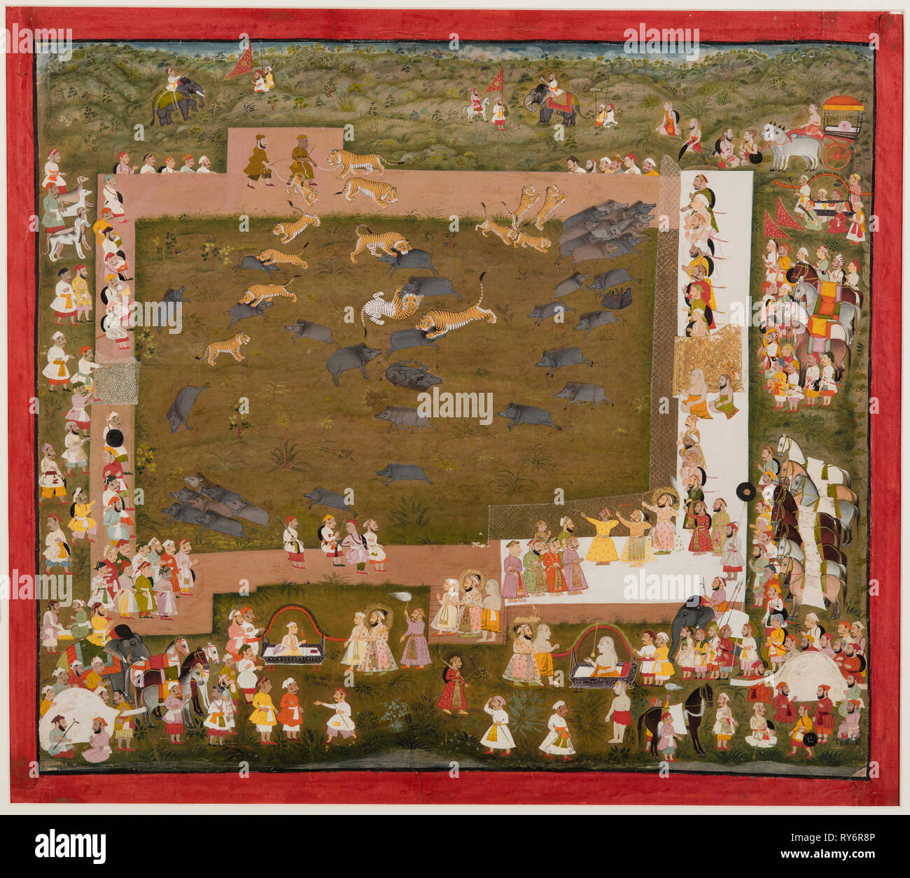 Maharaja Sangram Singh and his court observe a fight between tigers and boars at Sadri, c. 1720. India, Rajasthan, Mewar school. Color on paper; painting: 48.3 x 53.4 cm (19 x 21 in Stock Photo