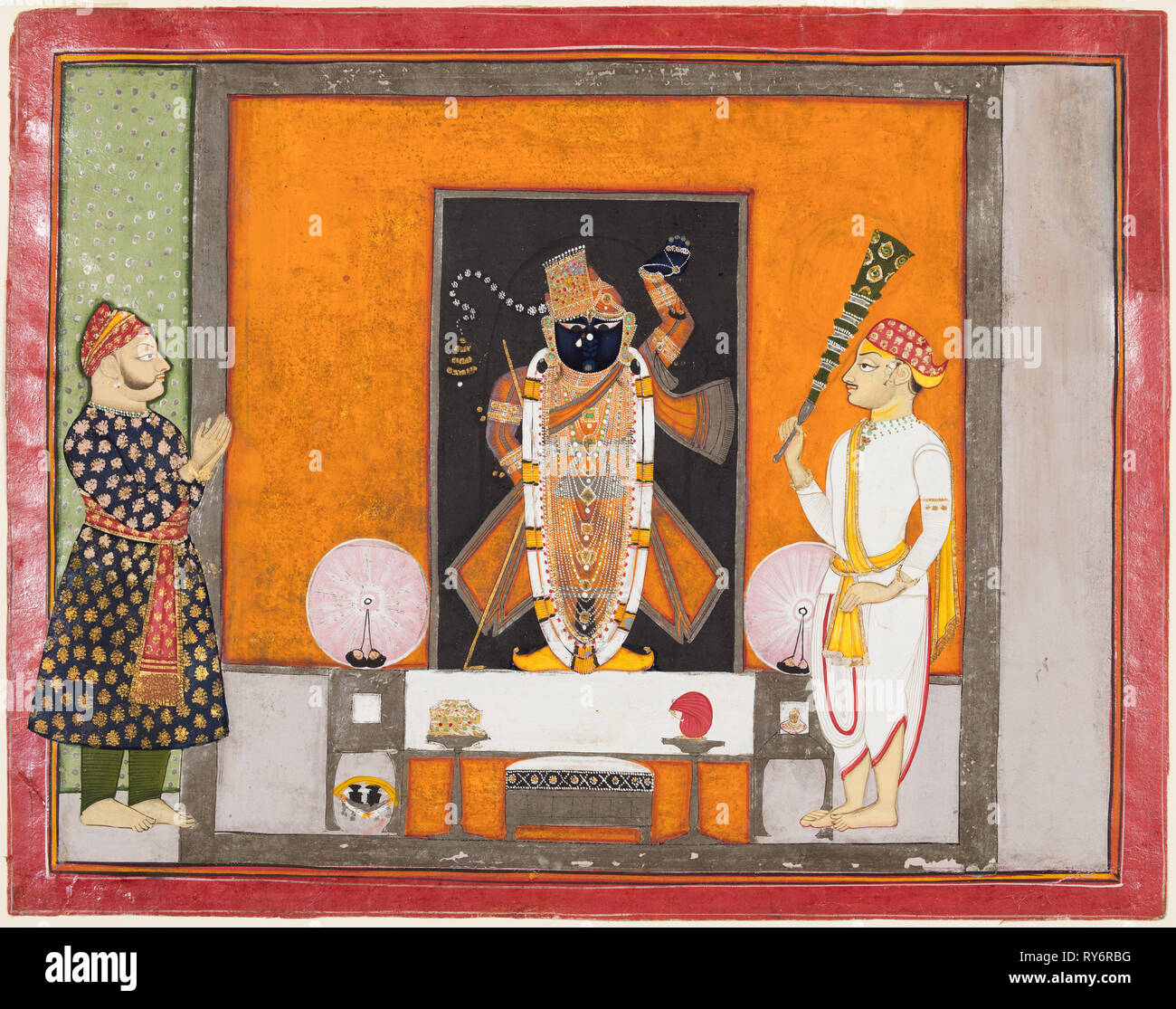Raja Ram Singh (?) worships Krishna as Brij Nathji (the bridegroom), c. 1820. Northwestern India, Rajasthan, Kota Stock Photo