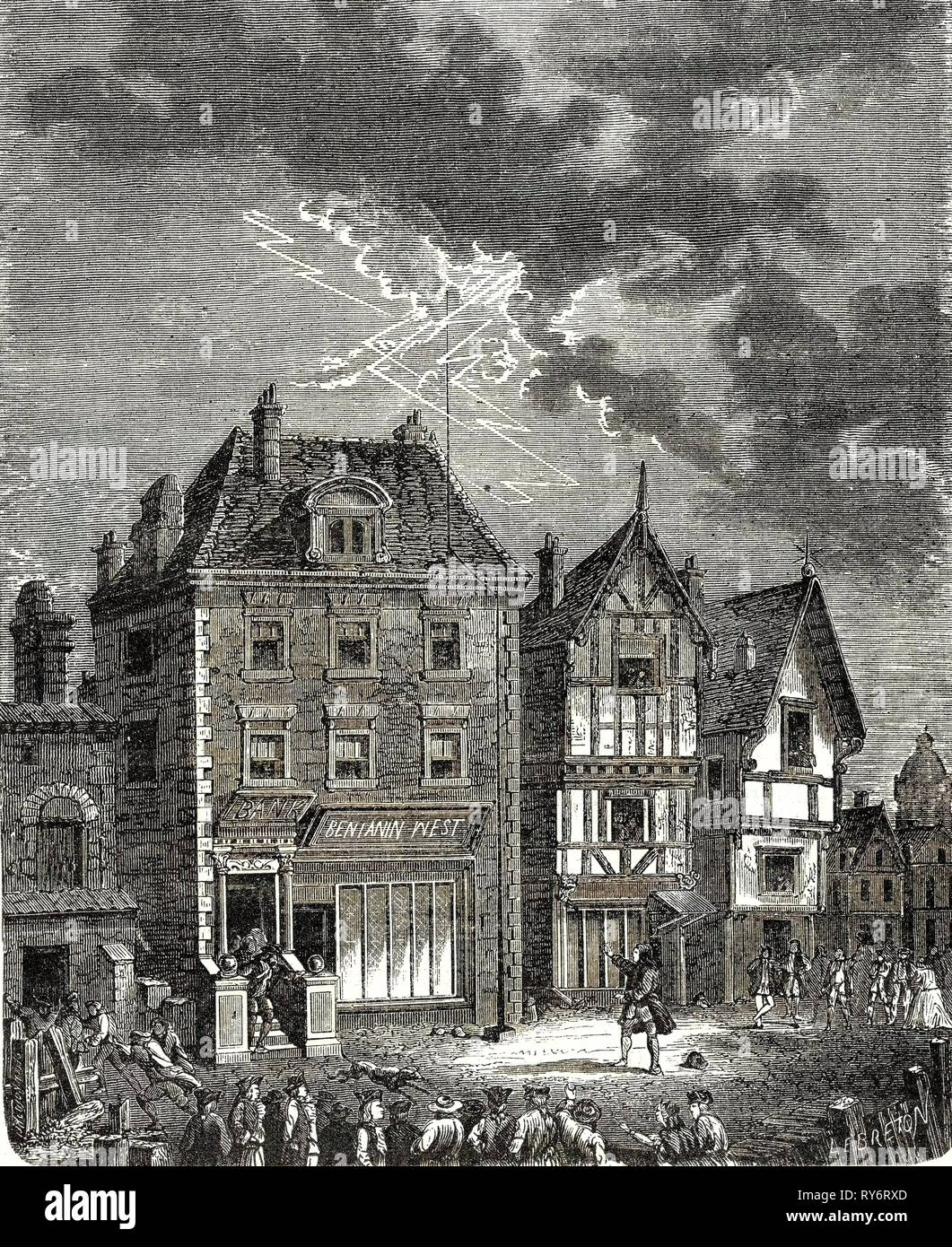 The First Lightning Rod Created by Franklin in Philadelphia Located on the Roof of the House of Benjamin West is Hit by Lightning Stock Photo