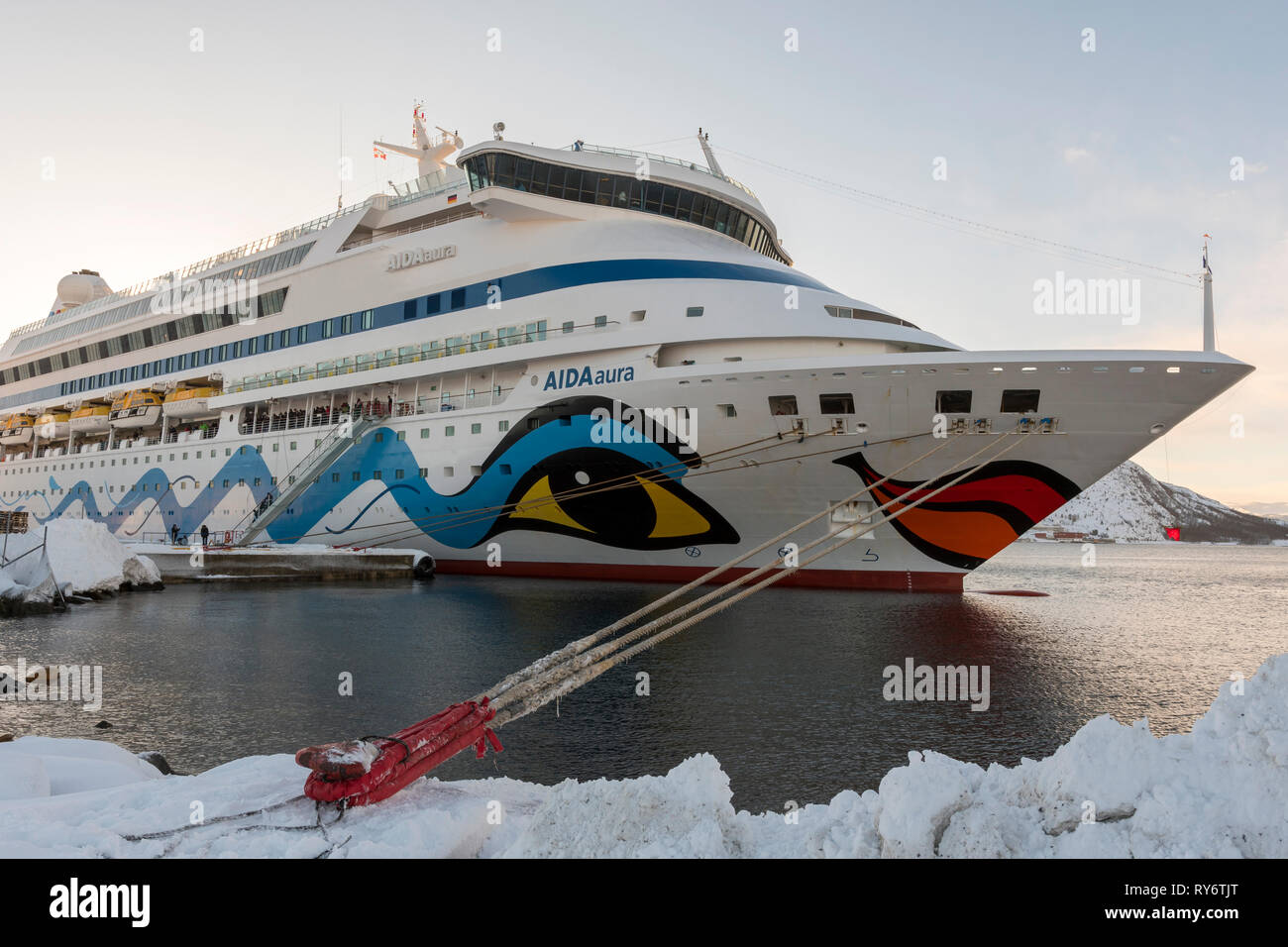 AIDAaura anchored in Alta harbor on it wintercruise to arctic part of Norway in 2019 Stock Photo