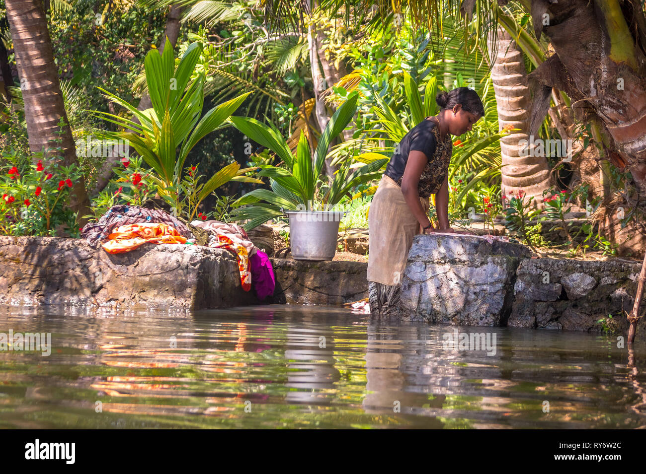 Village Woman Hand Washing Colorful Clothes in Kerala Backwaters, India Stock Photo
