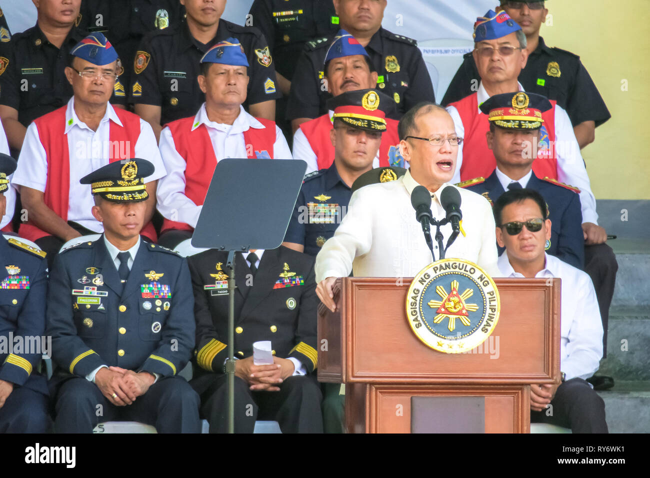Benigno Aquino III, the 15th President of the Philippines, speaking in front of military men at 74th Bataan Day Anniversary - Mount Samat, Philippines Stock Photo