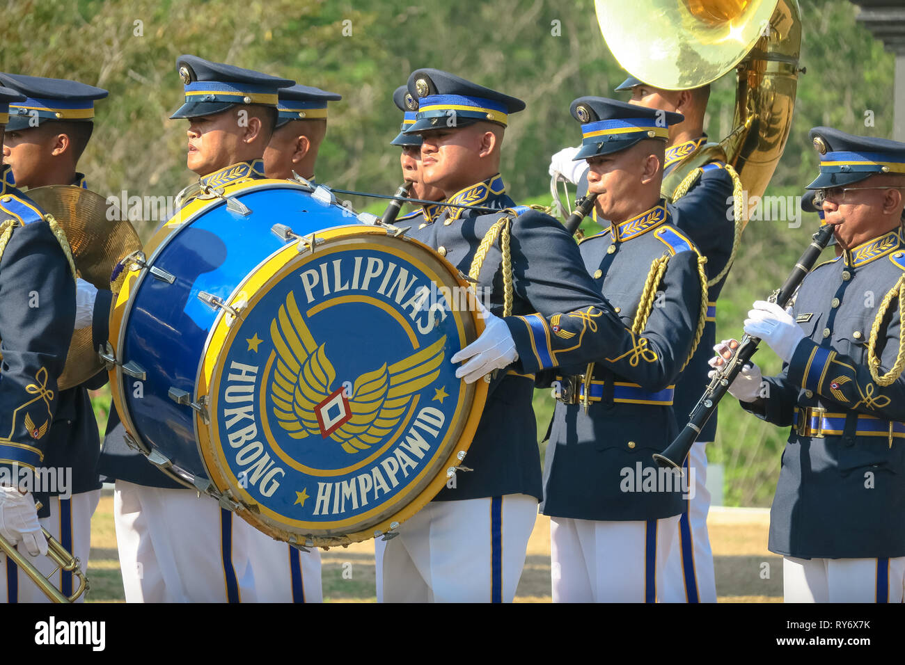 Military Marching Band With Bass Drum - Capas Shrine, Tarlac, Philippines Stock Photo