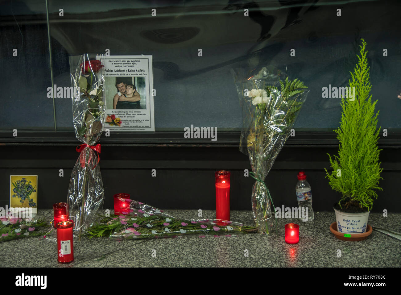 A portrait of Andrian Andrianov and Kalina Vasileva a Bulgarian couple who had planned to marry in the month of May, a few months after the attack, are buried with bridal attire in the same grave in Torrejon de Ardoz. Homage to the victims of 11 terrorism attack 2004 at the atocha train station in Madrid, Spain. Stock Photo