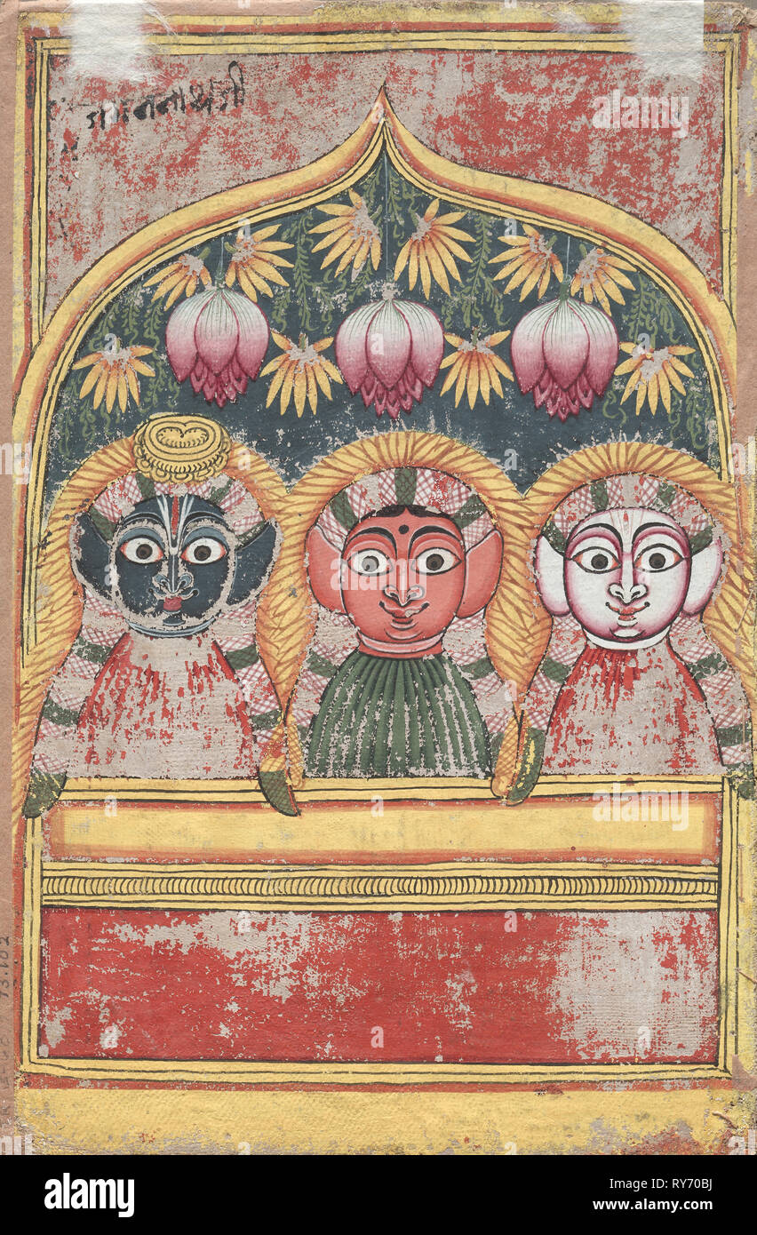 Jagannath, Subhadra and Balarama in an Arch (verso), 18th Century. India, Orissa, Mysore school, 18th century. Color on cloth; image: 19.5 x 15 cm (7 11/16 x 5 7/8 in.); overall: 25.5 x 17 cm (10 1/16 x 6 11/16 in Stock Photo