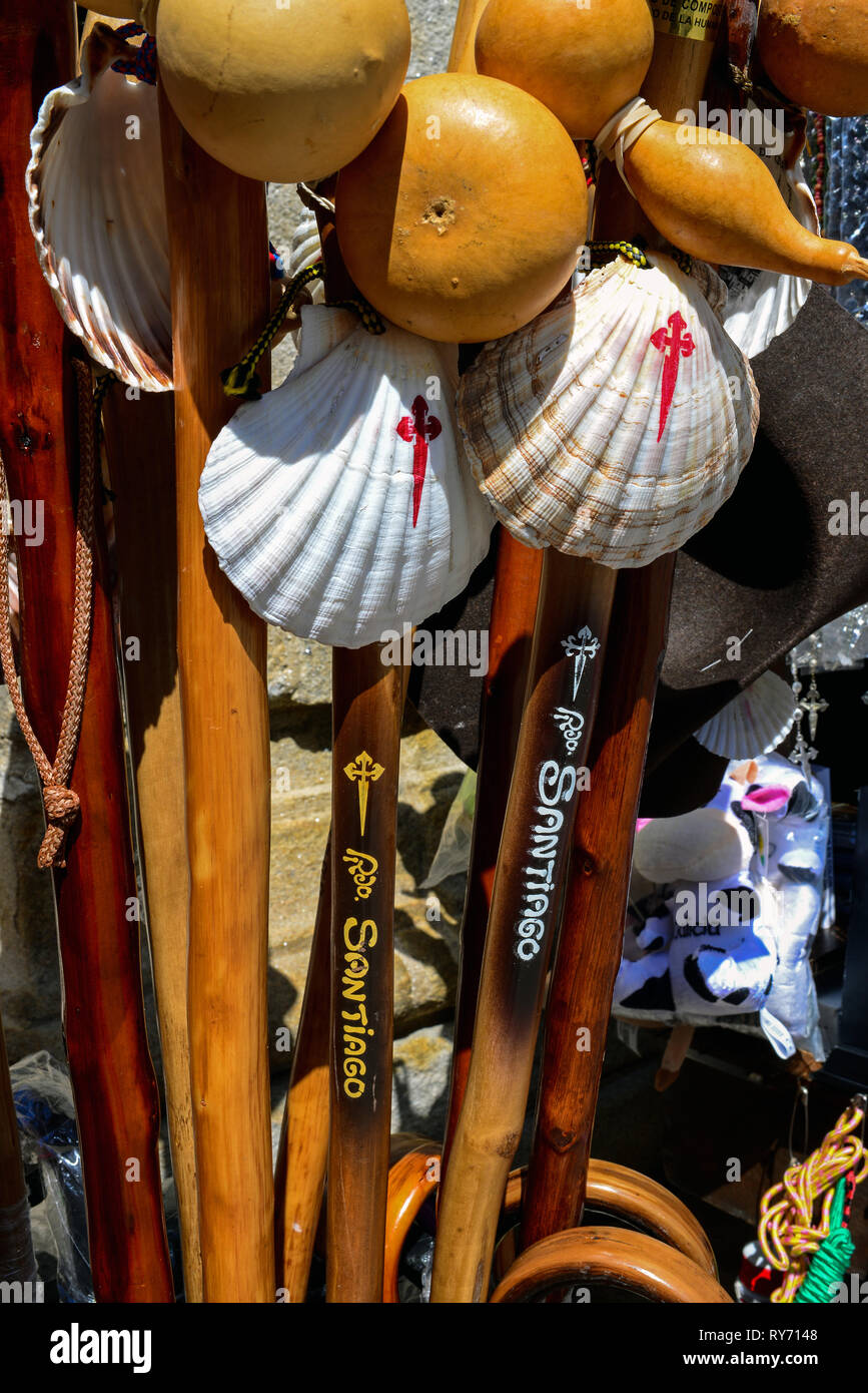 Walking sticks and scallop shells for sale in Santiago de Compostela, Galicia, Spain Stock Photo