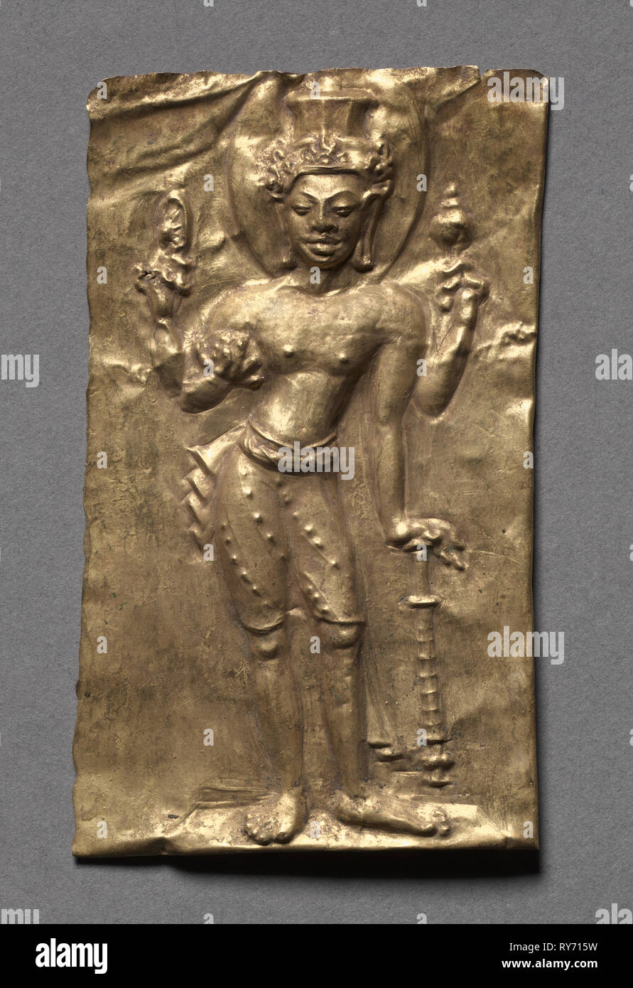 Plaque with Vishnu, c. 600s. Thailand, Sri Deb Style, Mon-Dvaravati period, c. 7th-8th Century. Gold repoussé; overall: 7.6 x 4.5 cm (3 x 1 3/4 in Stock Photo