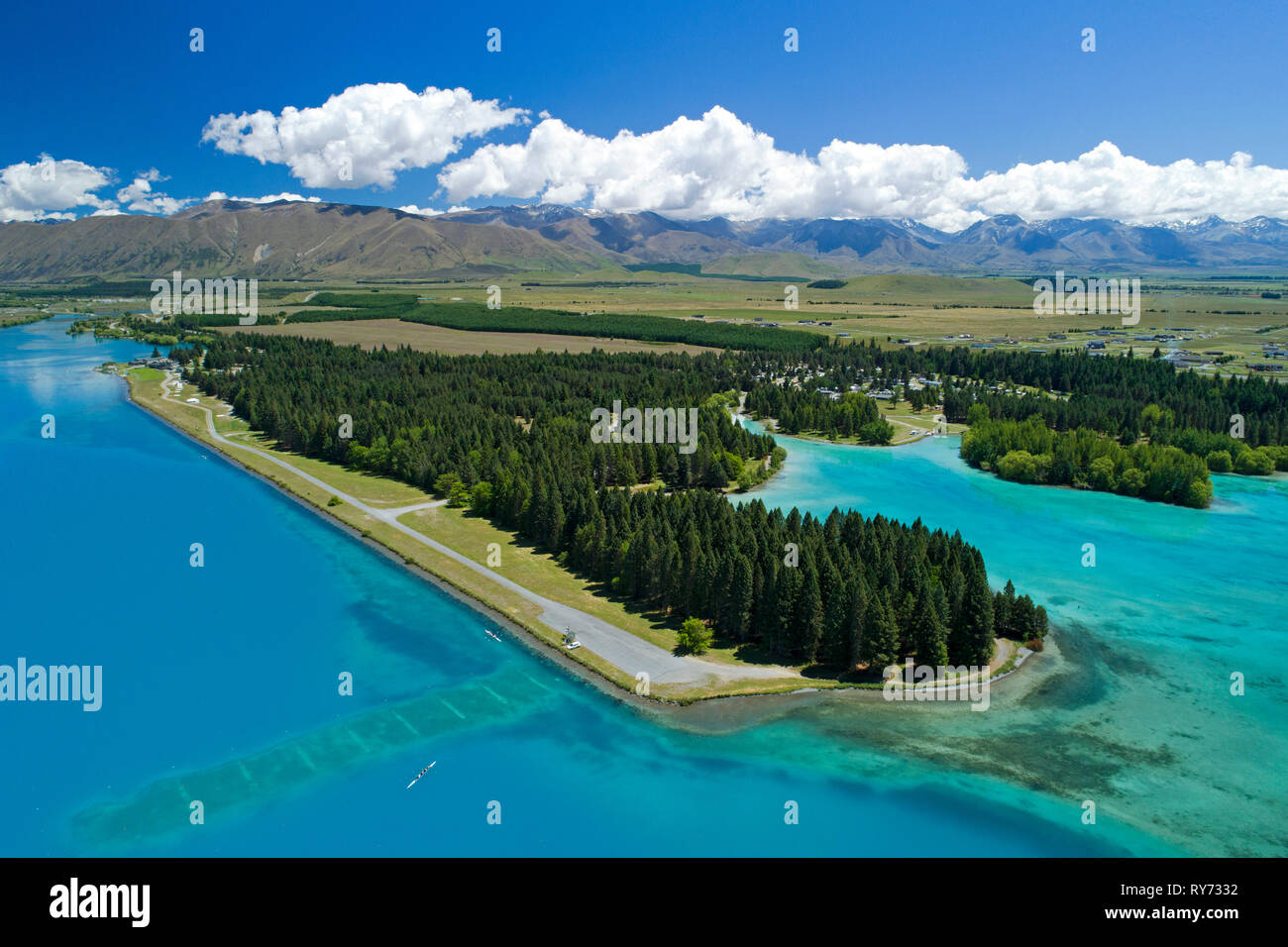 Lake Ruataniwha, and Ruataniwha Rowing Course, Mackenzie Country, South Island, New Zealand - aerial Stock Photo