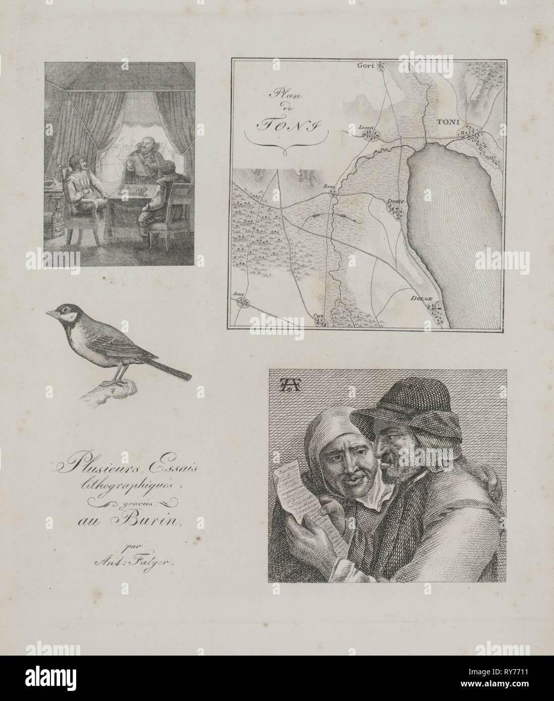 Art of the Lithograph: Four Engraving Samples, War Tent, Map of Toni, Bird, Dutch Farmer and Woman, 1819. Alois Senefelder (German, 1771-1834). Lithograph; sheet: 29.9 x 23.3 cm (11 3/4 x 9 3/16 in.); image: 19.8 x 17.5 cm (7 13/16 x 6 7/8 in Stock Photo