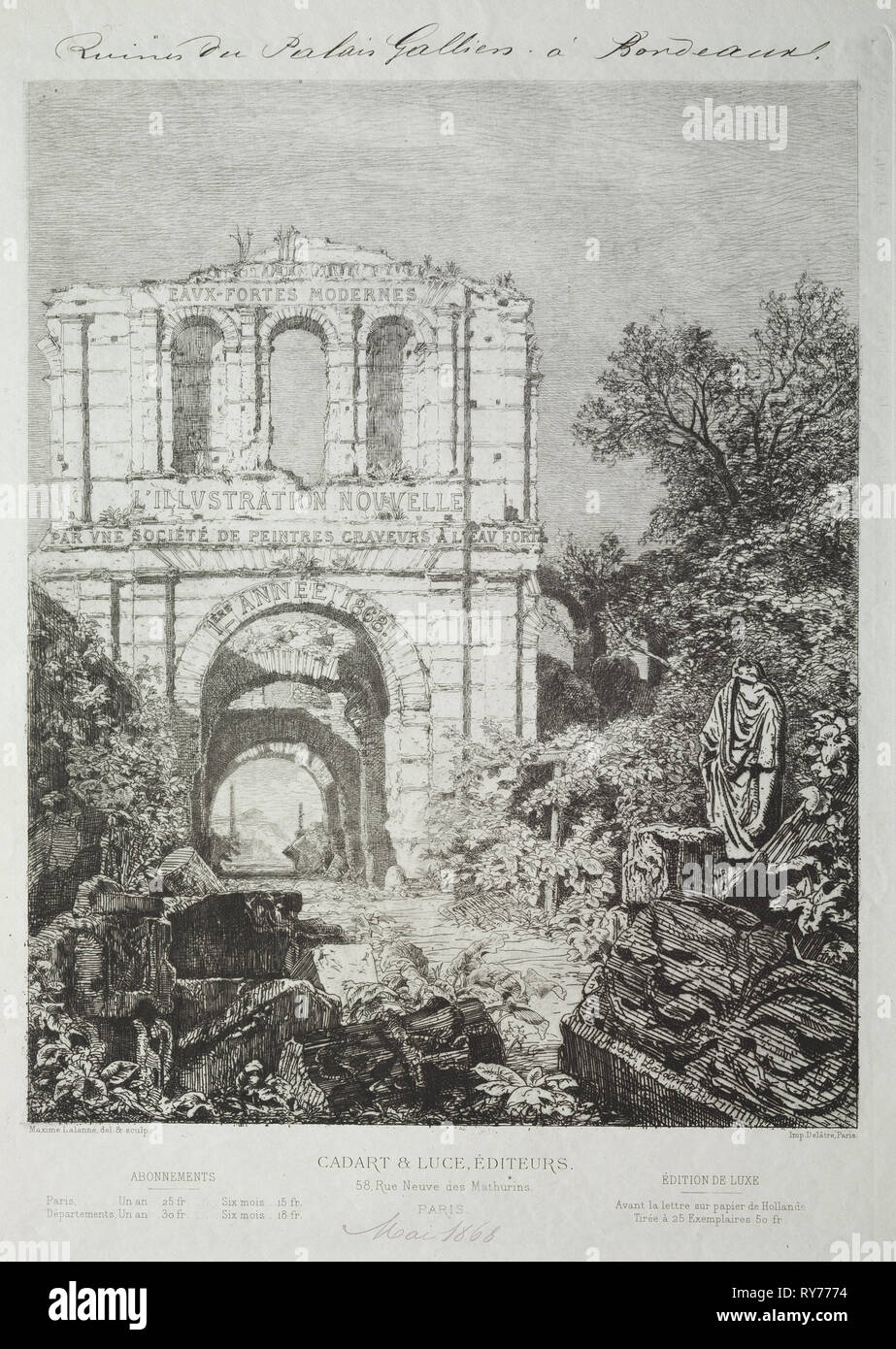 made to be frontispiece for L'Illustration Nouvelle for 1868 but not used: Ruins of the Gallien Palace in Bordeaux, 1866-1868. Maxime Lalanne (French, 1827-1886), Cadart & Luce, Paris. Etching; sheet: 42.3 x 29.7 cm (16 5/8 x 11 11/16 in.); platemark: 35.2 x 26 cm (13 7/8 x 10 1/4 in Stock Photo