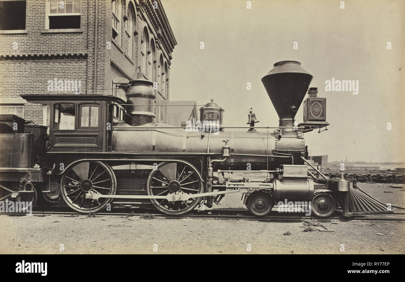 Untitled (Pennsylvania Railroad Engine), c. 1868. America, 19th century. Albumen print from a wet collodion negative; image: 27.3 x 43.3 cm (10 3/4 x 17 1/16 in.); mounted: 31.8 x 47.5 cm (12 1/2 x 18 11/16 in.); paper: 27.3 x 43.3 cm (10 3/4 x 17 1/16 in.); matted: 55.9 x 66 cm (22 x 26 in Stock Photo