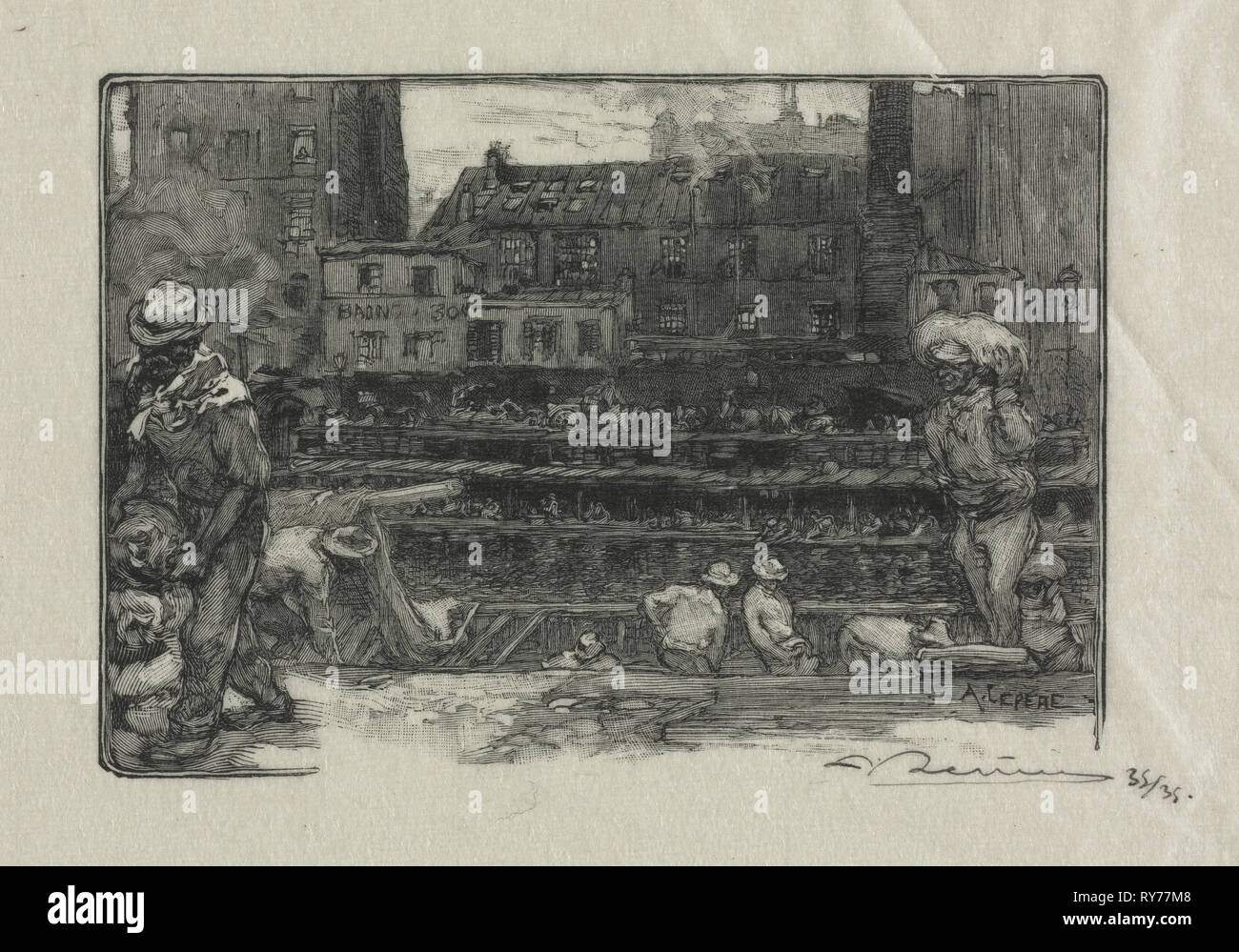 La Revue Illustrée: Unloaders of Plaster (Canal St. Martin), 1890. Auguste Louis Lepère (French, 1849-1918). Wood engraving; sheet: 15 x 21.2 cm (5 7/8 x 8 3/8 in.); platemark: 7.8 x 11.2 cm (3 1/16 x 4 7/16 in Stock Photo