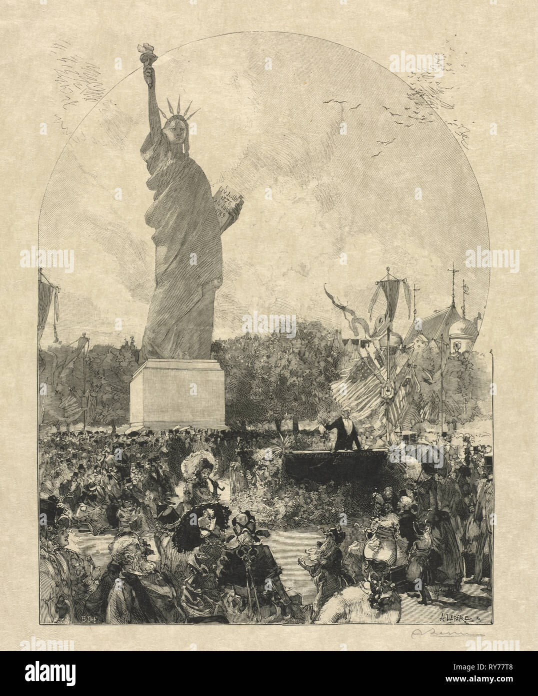Liberty Enlightening the World, Offered to the City of Paris by the Americans, 1885. After Auguste Louis Lepère (French, 1849-1918), Publiished in Le Monde Illustre, May 30, 1885, Tony Beltrand (French, 1847-1902), and Eugène Dété (French), Frédéric Florian (Swiss, 1858-1926). Wood engraving; sheet: 45 x 32.4 cm (17 11/16 x 12 3/4 in.); image: 26.2 x 20.2 cm (10 5/16 x 7 15/16 in Stock Photo