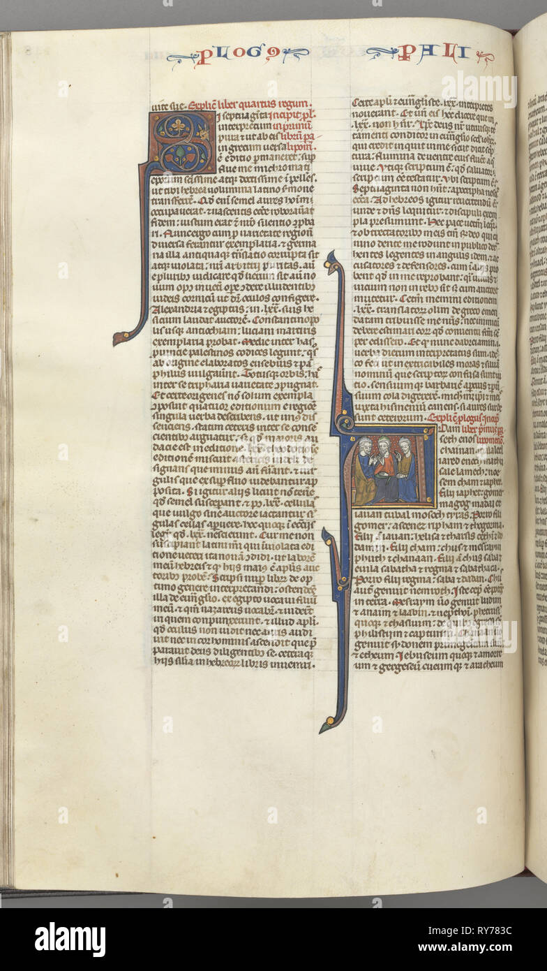 Fol. 148v, Chronicles I, historiated initial A, three descendants of Adam, c. 1275-1300. Southern France, Toulouse(?), 13th century. Bound illuminated manuscript in Latin; brown morocco binding; ink, tempera and gold on vellum; 533 leaves Stock Photo