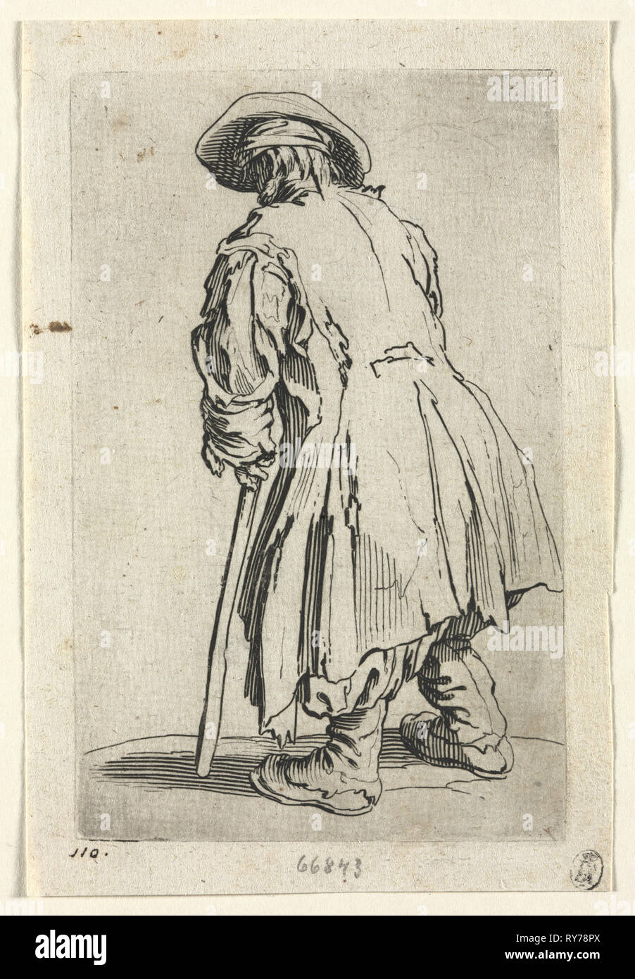 The Beggars: Old Beggar on One Single Crutch, c. 1623. Jacques Callot (French, 1592-1635). Etching; paper: 15.7 x 10.5 cm (6 3/16 x 4 1/8 in.); plate: 13.8 x 8.8 cm (5 7/16 x 3 7/16 in Stock Photo