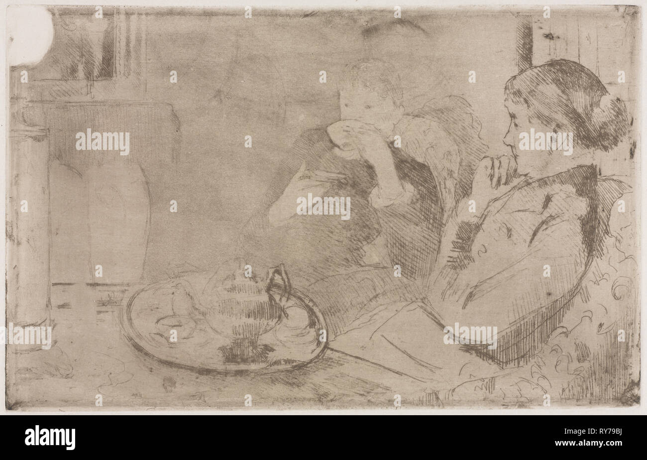 Lydia and her Mother at Tea, c. 1880. Mary Cassatt (American, 1844-1926). Softground etching and aquatint printed in brown; sheet: 27.5 x 36 cm (10 13/16 x 14 3/16 in.); platemark: 17.9 x 27.9 cm (7 1/16 x 11 in Stock Photo