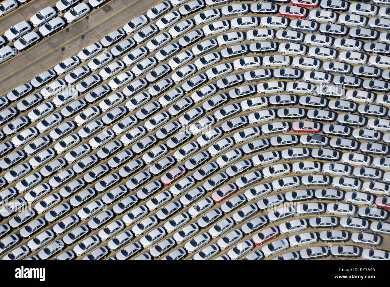 Car loading, white cars, Hamburg, Germany Stock Photo