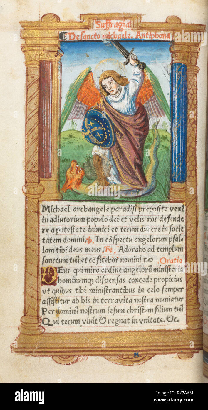 Printed Book of Hours (Use of Rome): fol. 97v, St. Michael the Archangel, 1510. Guillaume Le Rouge (French, Paris, active 1493-1517). 112 Printed folios on parchment, bound Stock Photo