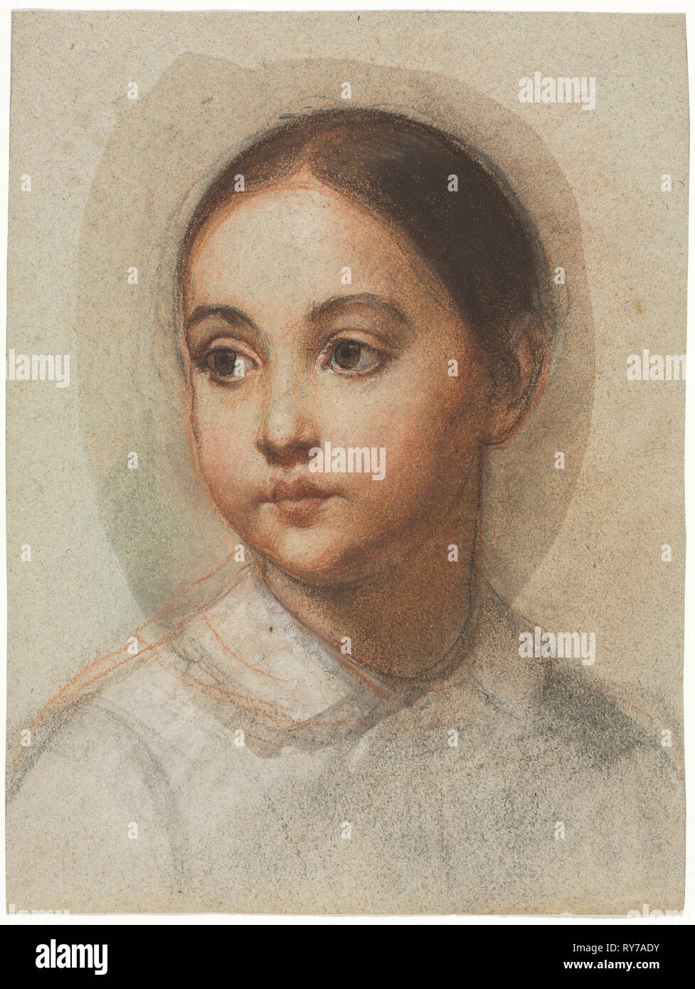 Head of a Young Girl, c. 1857. Alexandre Hesse (French, 1806-1879). Black chalk, sanguine, brown wash with white chalk heightening on coarse gray paper; sheet: 34.9 x 26.4 cm (13 3/4 x 10 3/8 in Stock Photo