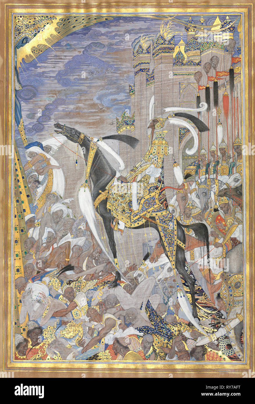Victorious Army Entering City After Siege, 1700s-1800s(?). Pakistan (?), 20th century. Opaque watercolor on paper; sheet: 48.1 x 32.8 cm (18 15/16 x 12 15/16 in.); image: 41.5 x 27.4 cm (16 5/16 x 10 13/16 in Stock Photo