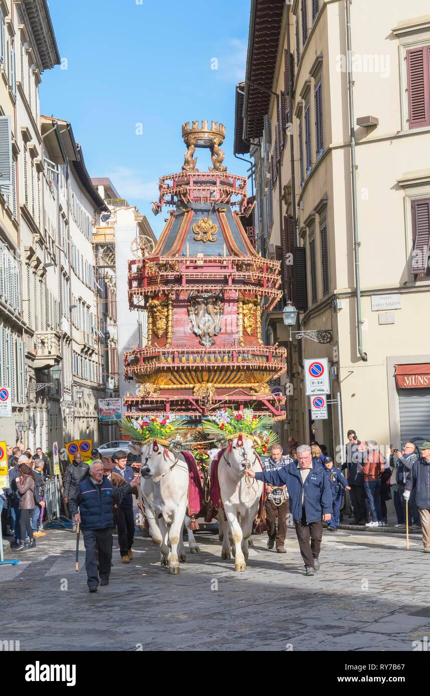 Decorated ox cart at the Cart festival at Easter, Scoppio del Carro or Explosion of the Cart festival, Florence, Tuscany, Italy Stock Photo
