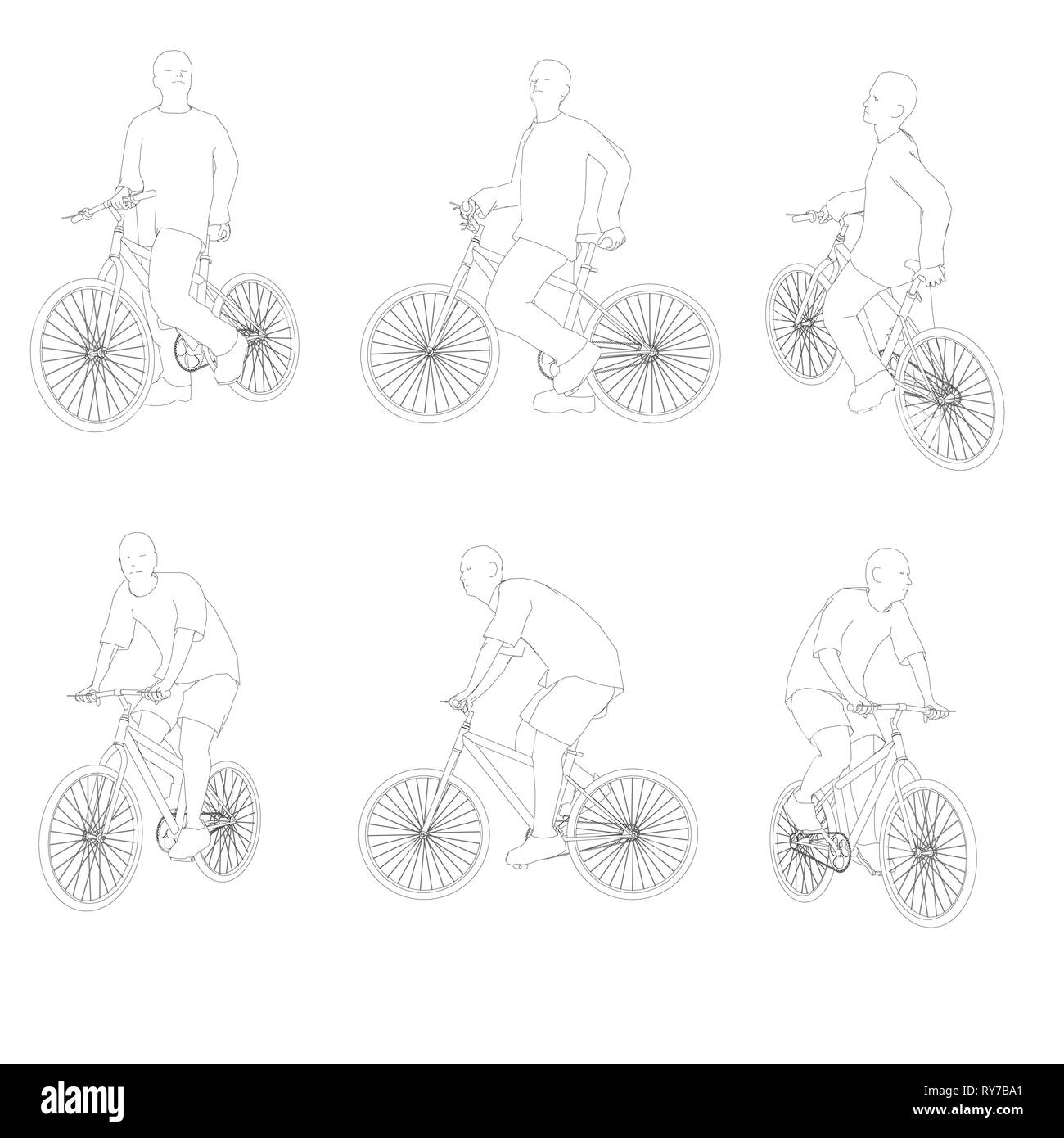 Set with contours of a person on a bicycle in different positions. The contours of a man sits and rides a bicycle. Vector illustration Stock Vector