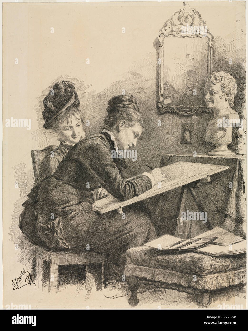 Two Women Sketching a Sculpture, 1878. Gabriel von Hackl (German, 1843-1926). Pen and black ink Stock Photo