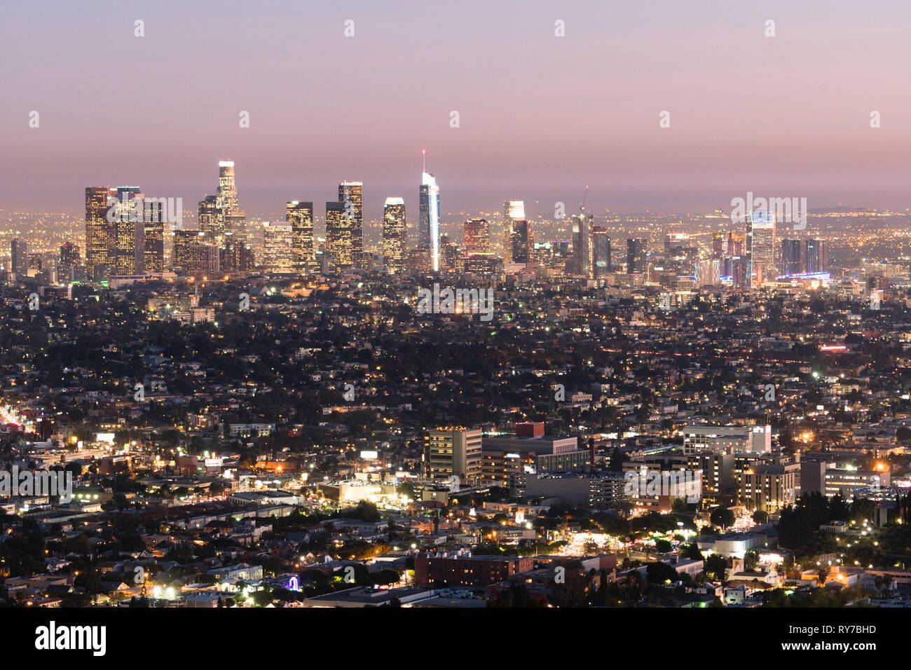 The downtown city skyline of Los Angeles at night Stock Photo
