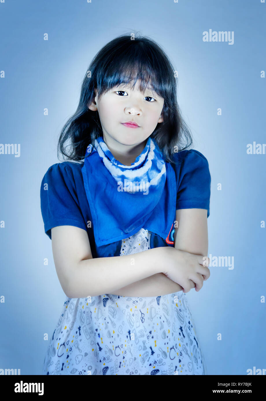 portrait of asian little girl in blue and white dress Stock Photo - Alamy