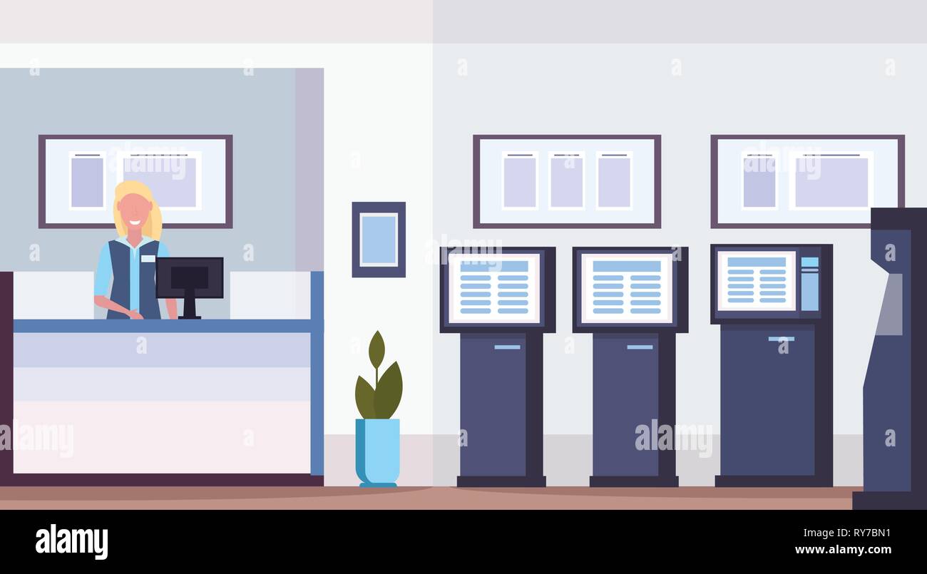 Cashier Woman At Cash Desk Financial Consulting Center With Atm